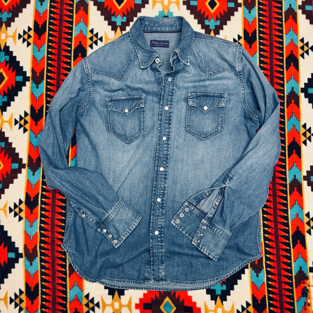 Ralph Lauren Purple Label Denim Western Shirt Large Blue Faded Wash Pearl Snap - Picture 2 of 11